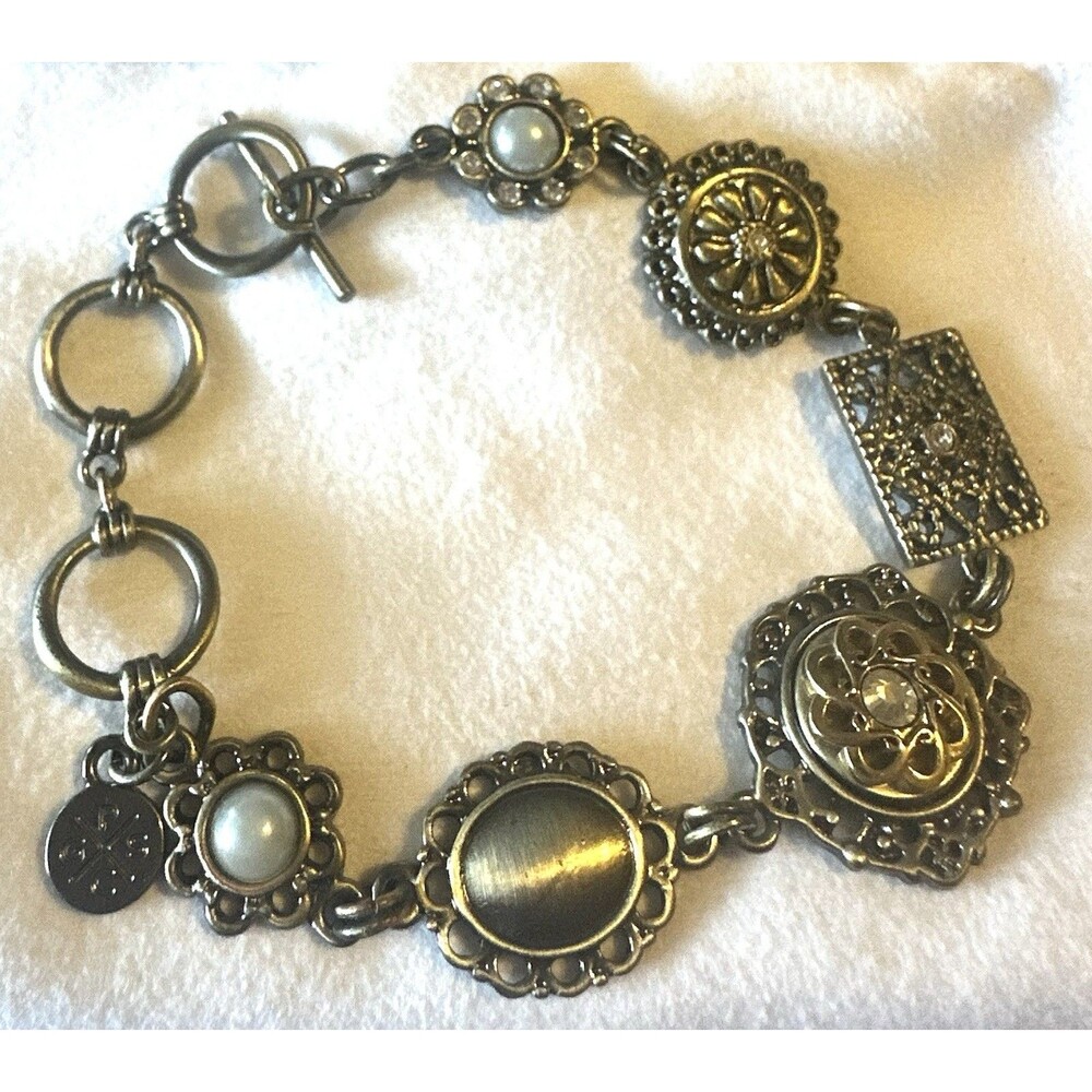 Vintage Style Mixed Metal Link Bracelet Faux Pearl Filigree Toggle Clasp Boho